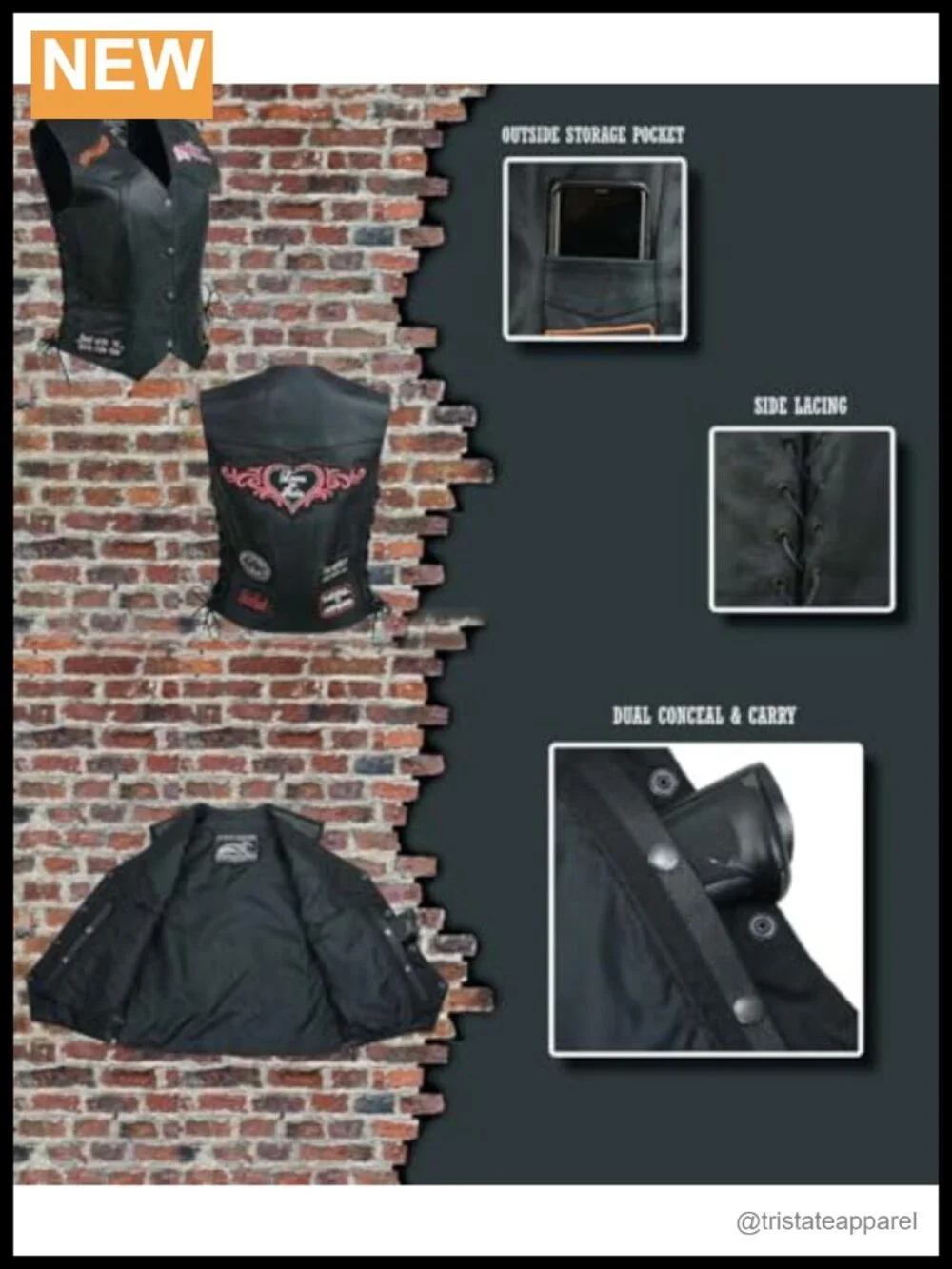 Women's Leather Snap Front Motorcycle Vest with Pockets